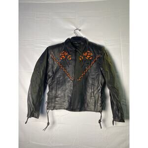 Motorcycle Jacket Black Leather Orange Trim Cutout Roses Full Zip Womens Medium